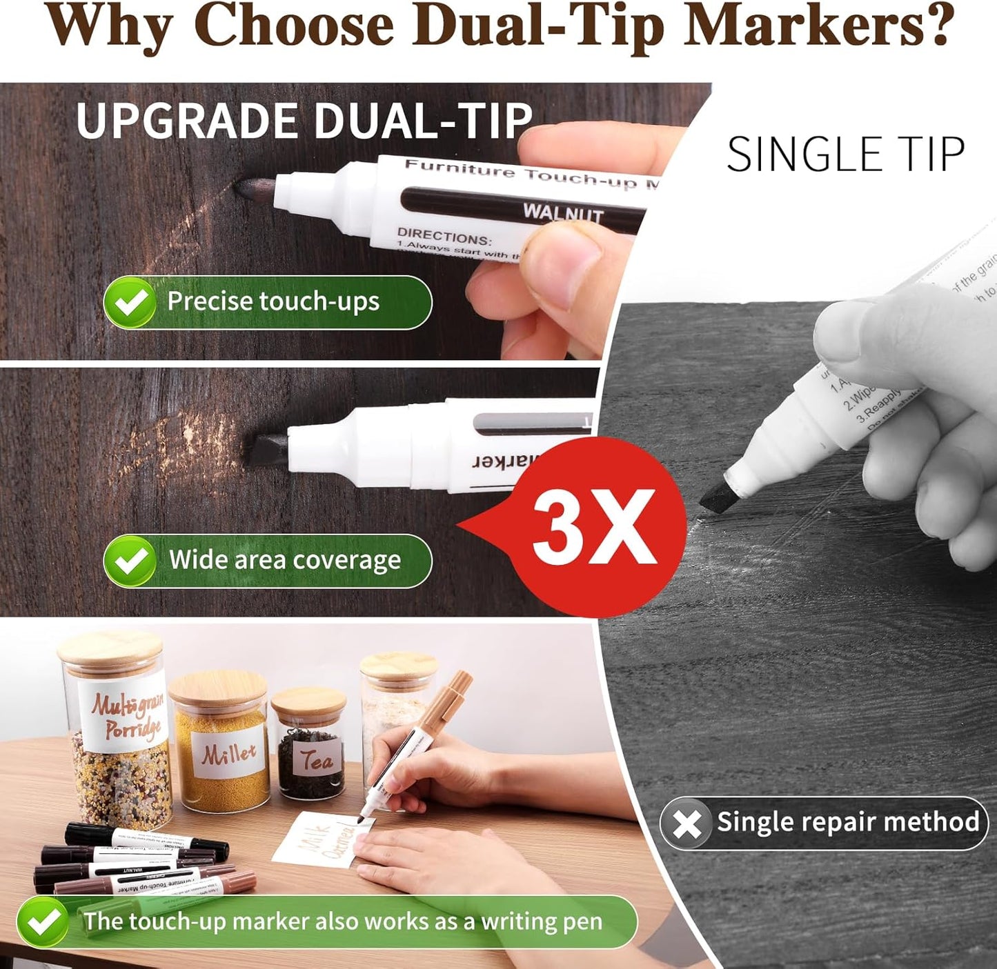 Dual Tip Furniture Markers Touch Up,Upgrade 13 Pcs Wood Markers Furniture Repair Kit,Touch Up Paint Pen and Wood Filler Putty Stick with Sharpener Kit,for Wood Stain Remover,Wood Floor Scratch Repair