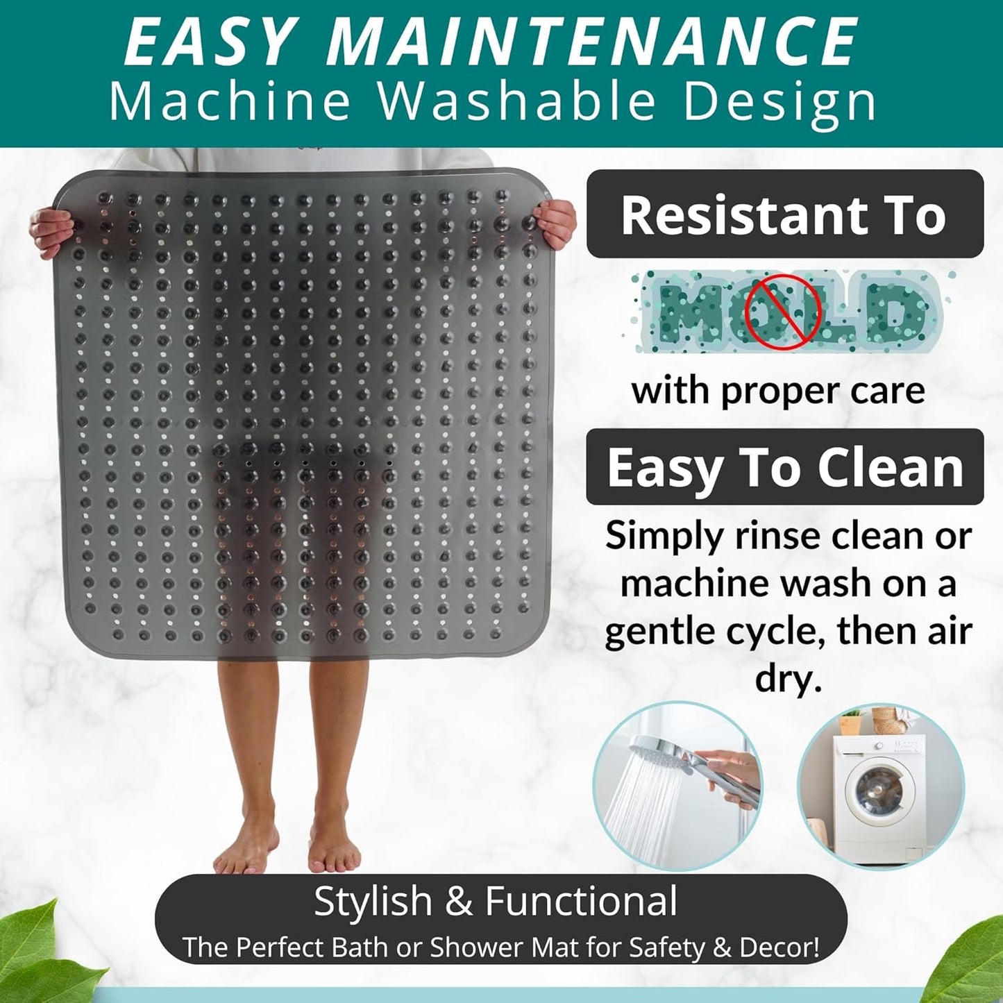 ENKOSI Extra Large Square Non Slip Shower Mat - 31 x 31-inch XL Bathroom Shower Mat - Square Shower Matts for Shower Stall Floors | Secure Suction Cups and Drain Holes (31x31 Charcoal)