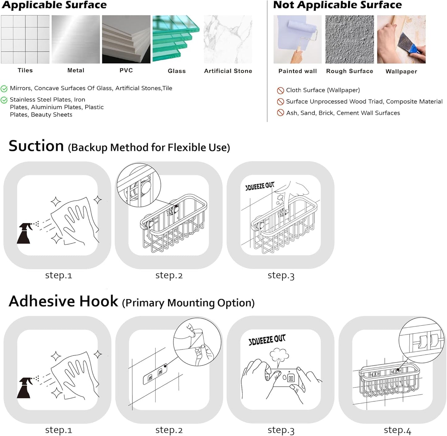 SunnyPoint NeverRust Deluxe Kitchen & Bathroom Sink Sponge Holder Organizer with Adhesive Mount - Additional Suction Cup Included – Sponge & Brush NOT Included – 7.4 x 3.3 x 2.75 Inch