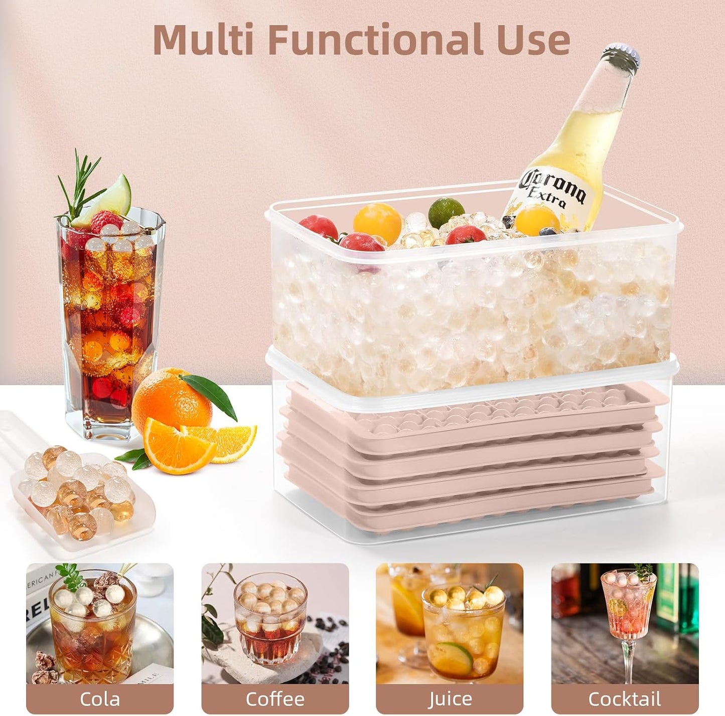 WIBIMEN Mini Ice Cube Trays, Small Tiny Round Pebble Crushed Nugget Ice Trays for Freezer with Lid - Chilling Drinks Coffee Juice(4 Pack/0.55In - Pink)