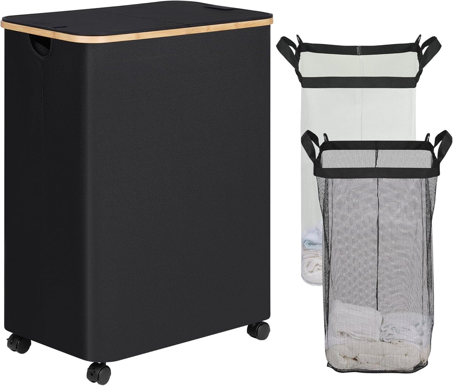 efluky Double Laundry Hamper with Wheels, Divided Laundry Hamper with Removable Bags, 2 Section Dirty Clothes Basket with Handles for Bathroom, Bedroom & Laundry Room, 160L Dark Black