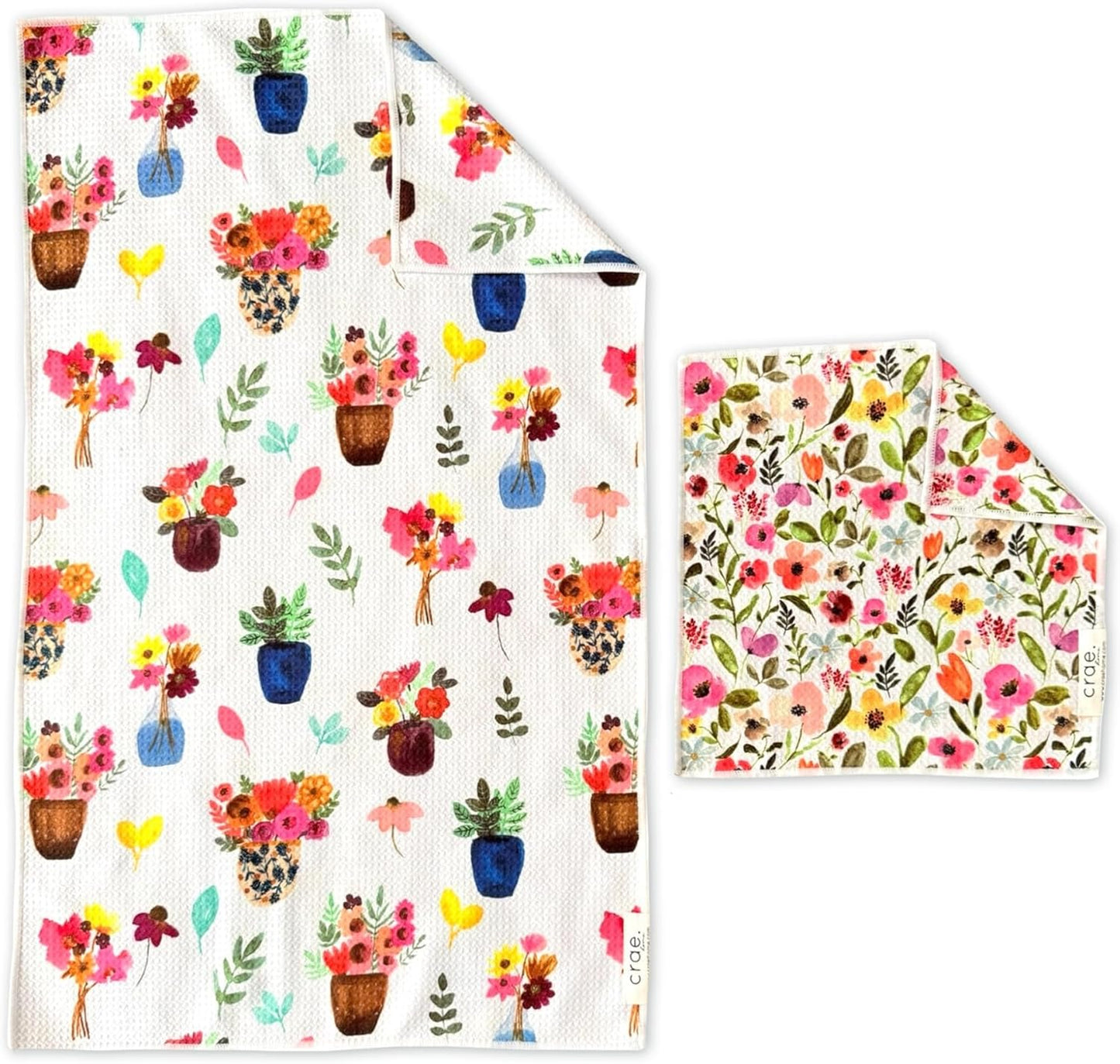 Microfiber Hand Towel & Washcloth Set of 2 - Double-Sided, Waffle Weave, Super Absorbent, Lint-Free, Fast Drying - Stars & Stripes Pattern for Bathroom, Kitchen, Car, and Window Cleaning