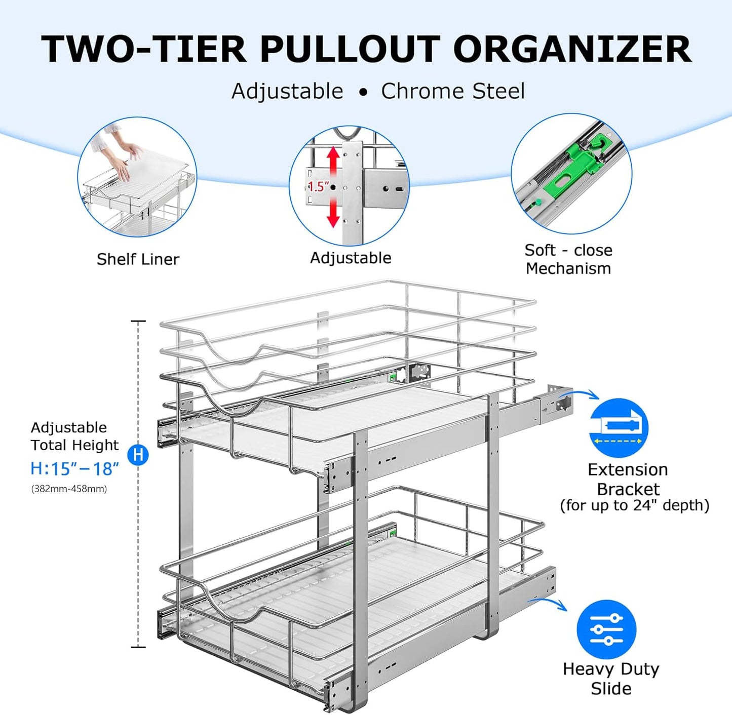 WelFurGeer 2-Tier Stainless Steel Pull Out Cabinet Organizer, Soft Close Damping Slides, Heavy Duty Chrome Plated Wire Basket with Shelf Liner, Perfect for Kitchen Cabinets, Pantry Storage, Under Sink