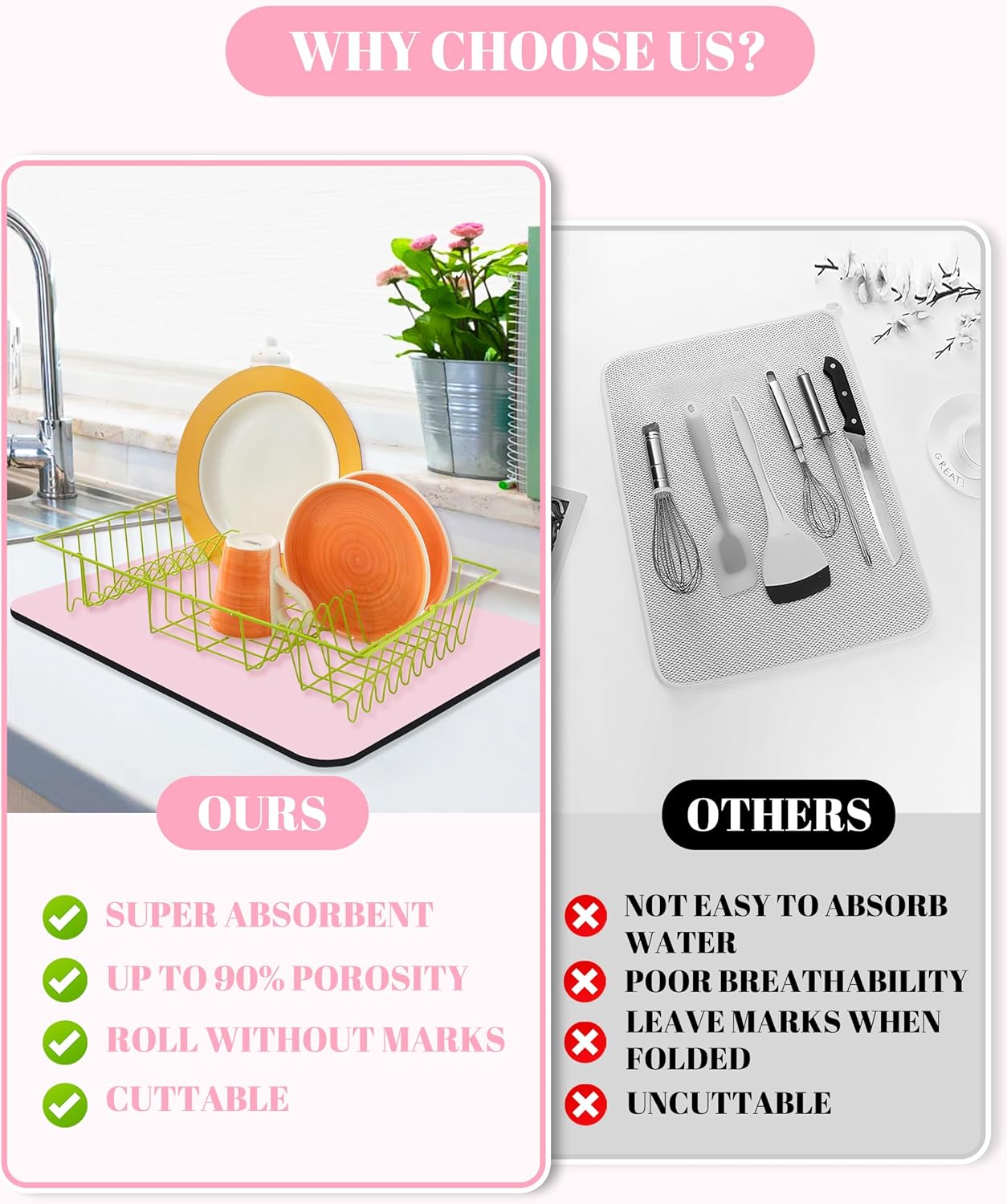 Dish Drying Mat for Kitchen Counter, 12"x19" Dish Drying Pad with Non-slip Rubber Backed, Hide Stain Anti Absorbent for Kitchen Counter, Drying Mat for Coffee Machine Dish Rack (Pink)