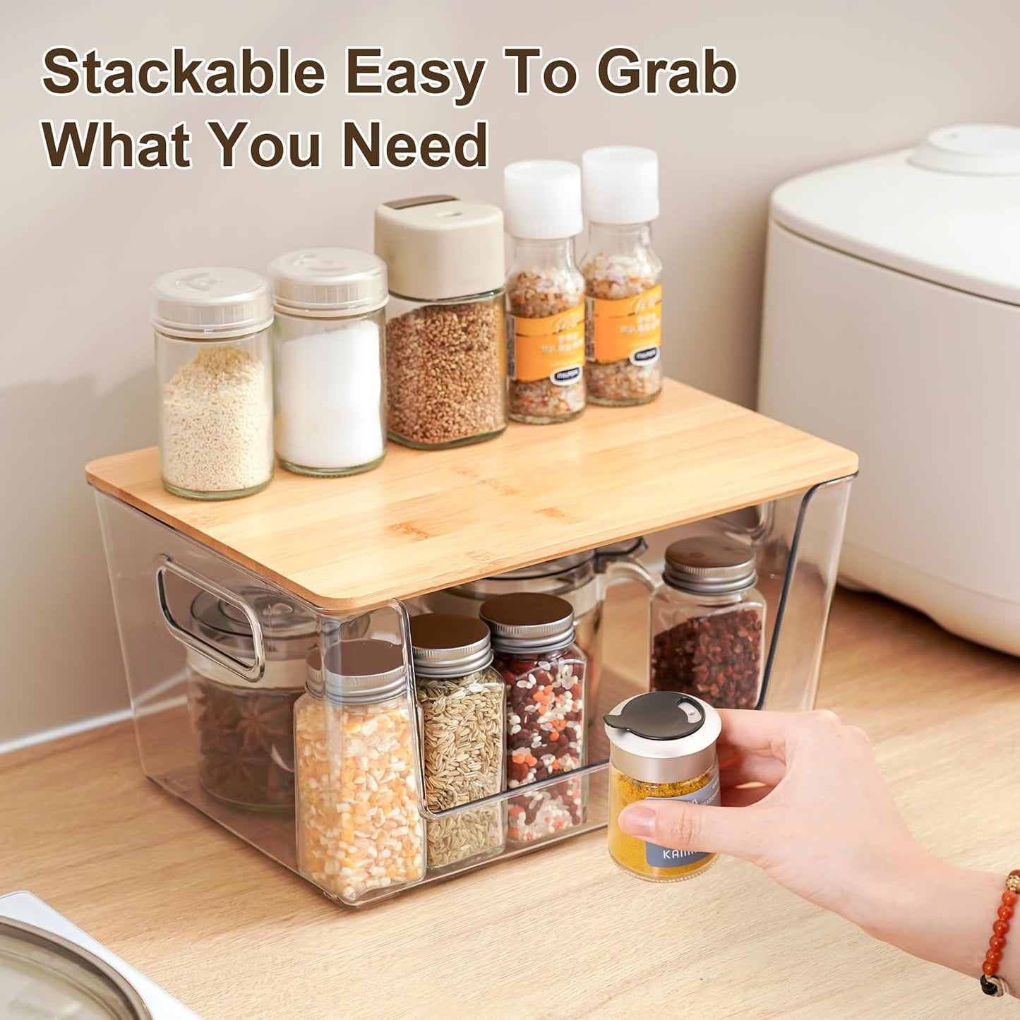 Citylife Stackable Storage with Bamboo Tops and Handles, Laundry Room Organization and Storage for Home, Kitchen, Under-Sink Garbage Bag Dispenser