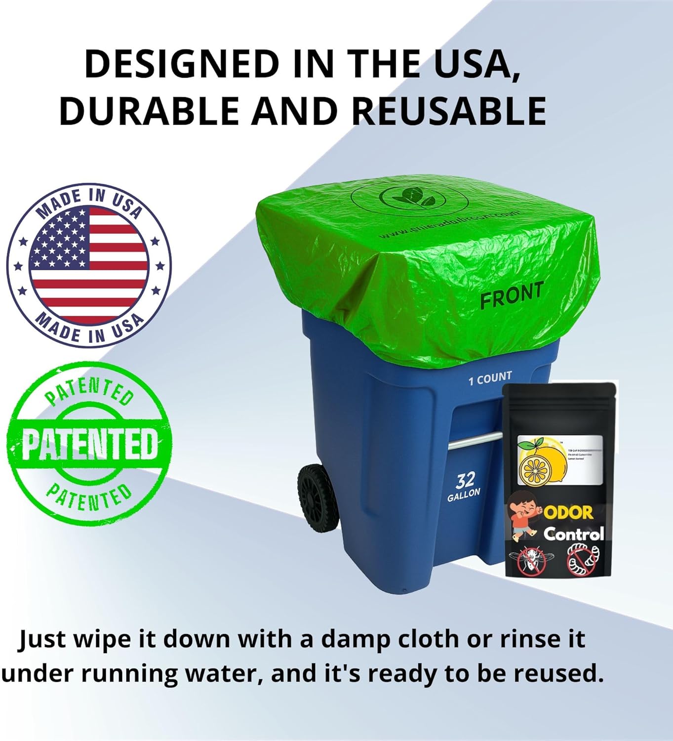 Trash Can Smell Eliminator Cover Odor Eliminating Bag with Optional Straps Lemon Scented Durable Chemical Free 32 Gallon 2 Pack