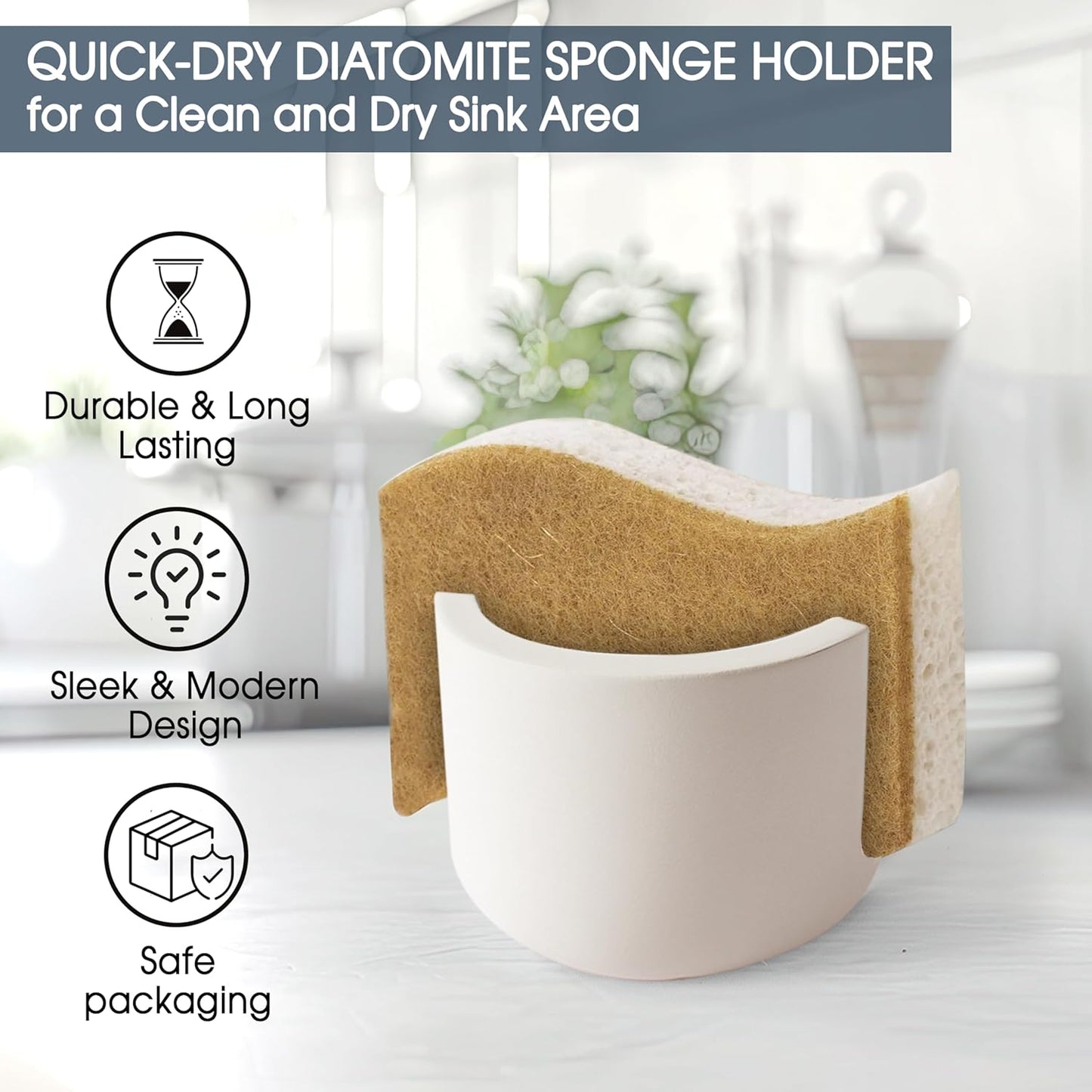 MOPHONICHOME Sponge Holder, Stone Sponge Holder for Kitchen Sink - Diatomite Kitchen Sink Caddy, Quick Dry, Super Absorbent, Modern Design, Cream