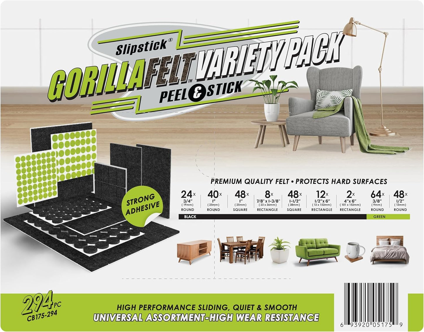 Slipstick Gorilla Felt Furniture Pads (294 Piece Variety Pack) Premium Furniture Pads & Chair Leg Floor Protectors for Hardwood Floors & Hard Surfaces