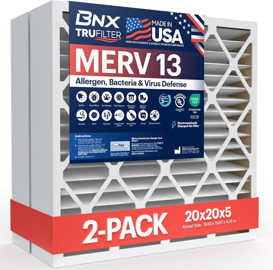 BNX TruFilter 20x20x5 (19.88’’ x 19.88’’ x 4.38‘’ Honeywell Compatible 4”) MERV 13 Air Filter (2-Pack) - MADE IN USA - HVAC AC Furnace Filters Health, Allergies, Mold, Bacteria, Smoke, MPR 1900 FPR 10
