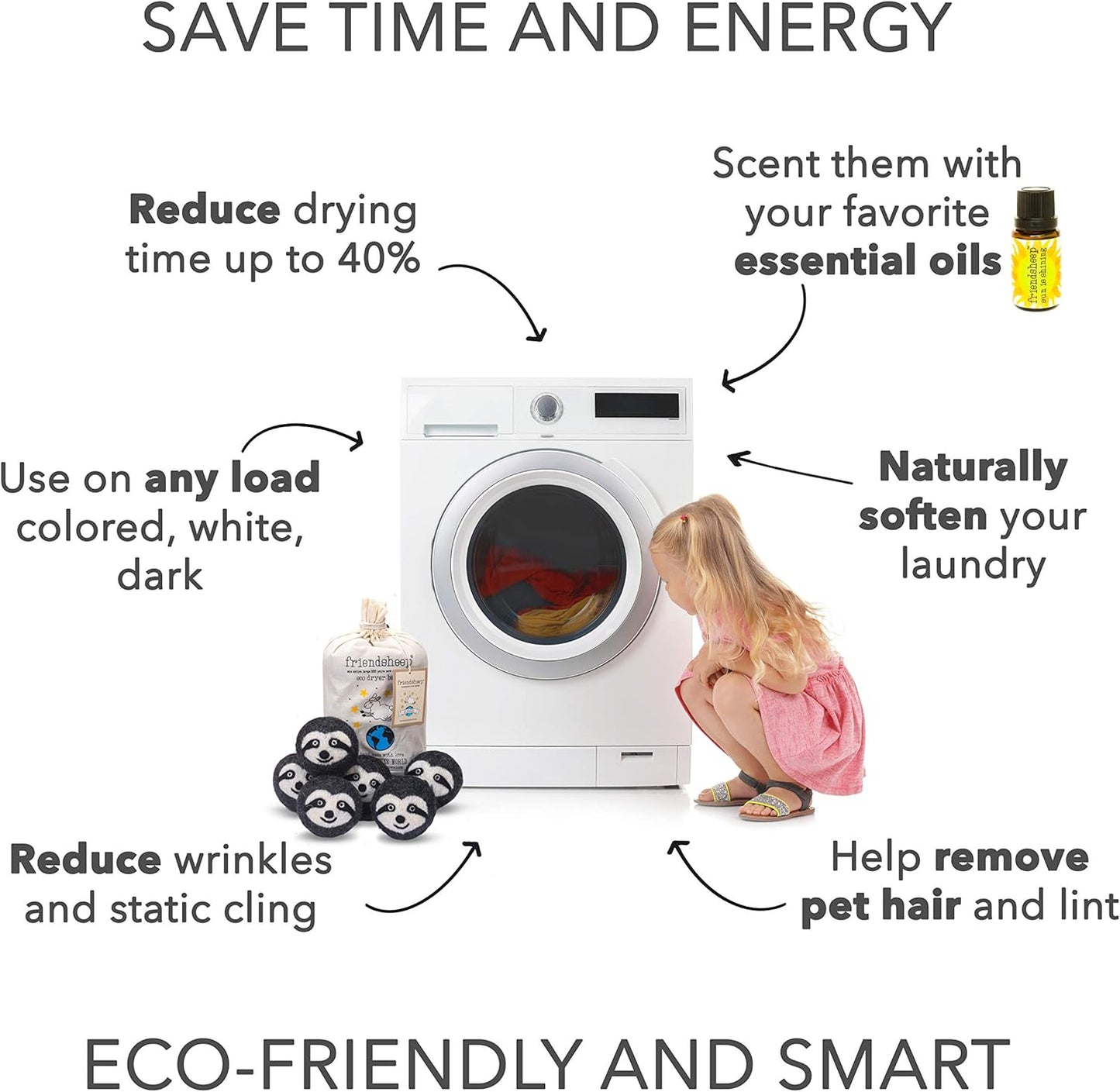 Friendsheep Wool Dryer Balls 6 Pack XL Organic Premium Reusable Cruelty Free Handmade Fair Trade No Lint Fabric Softener Gray Sloth - Sloth Squad