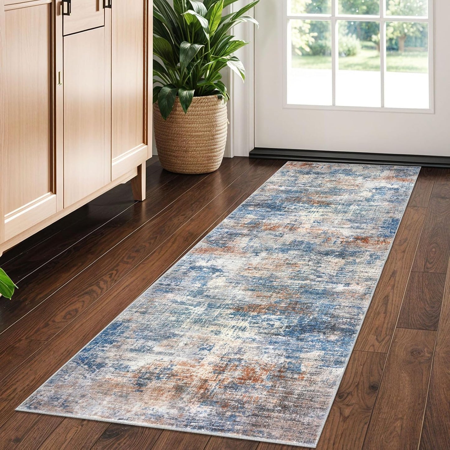 IOHOUZE Abstract Runner Rug 2x5 Ft Washable Runners for Hallways, Non Slip Kitchen Runner Printed Faux Wool Entryway Runner Indoor, Modern Abstract Floor Carpet for Hall Bedroom, Blue Rust