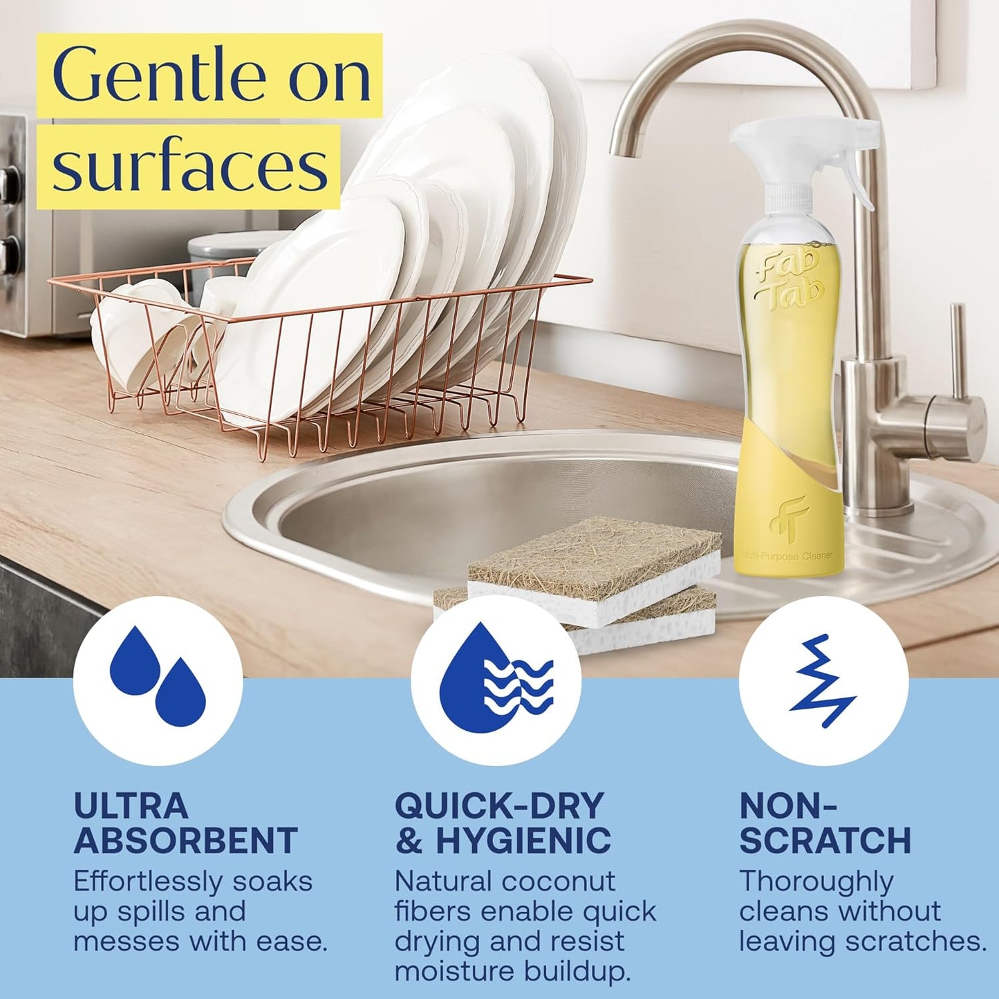 FabTab Coconut and Cellulose Sponges, Plant-Based, Non-Scratch Cleaning Sponges for Dishes, Sinks, Stoves, Countertops, Odorless Kitchen Sponge, Reusable, Dishwasher Safe 6-Count