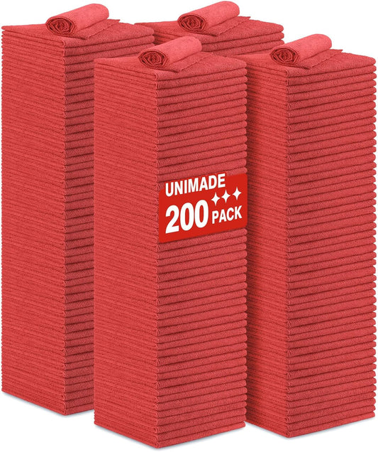 Shop Towel Rag, 200 Pack Reusable Rags Bulk Microfiber Cleaning Cloth Lint Free Towels for Car Kitchen Automotive Bar Mechanic Restaurant Garage, 11.5"x 11.5", Red