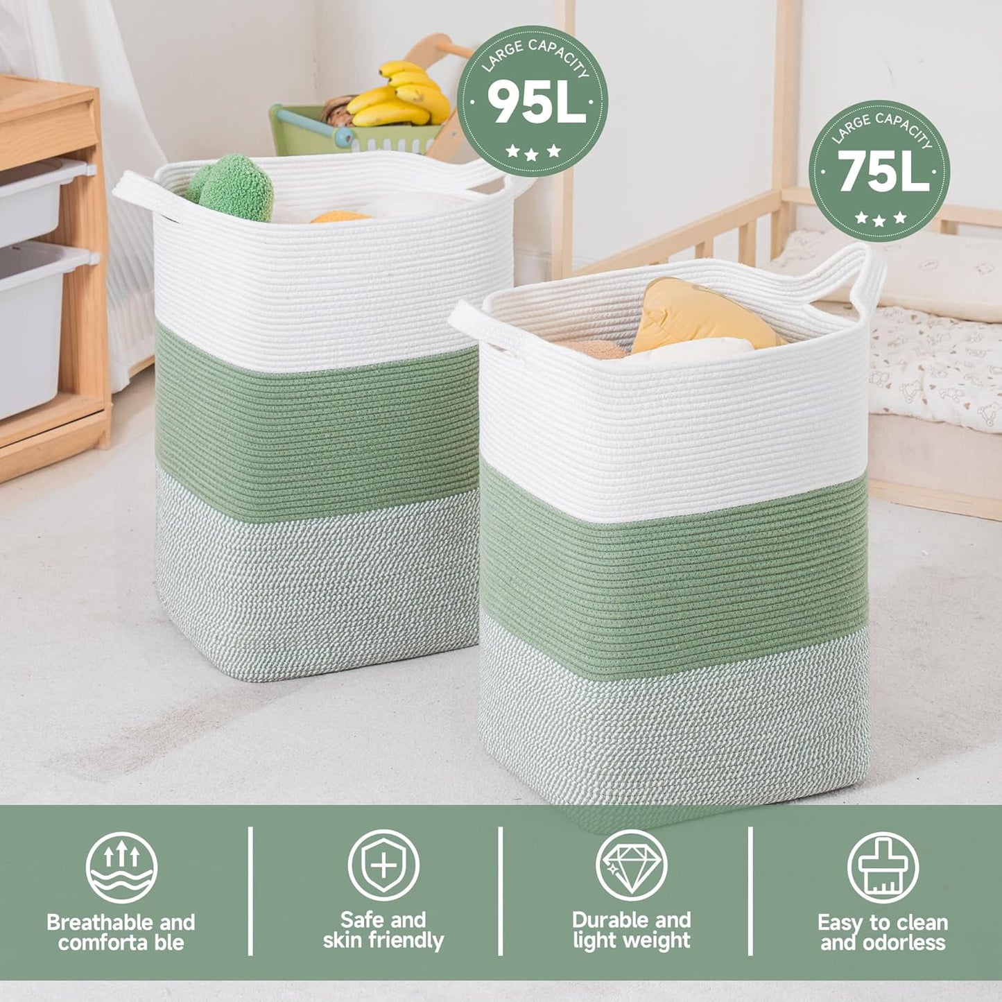 CLHMILY&Z 75L Laundry Basket Rectangular Green Rope - 16x13x22 Inches - Dirty Clothes and Soft Storage Bin for Blankets, Toys, and Nursery Essentials