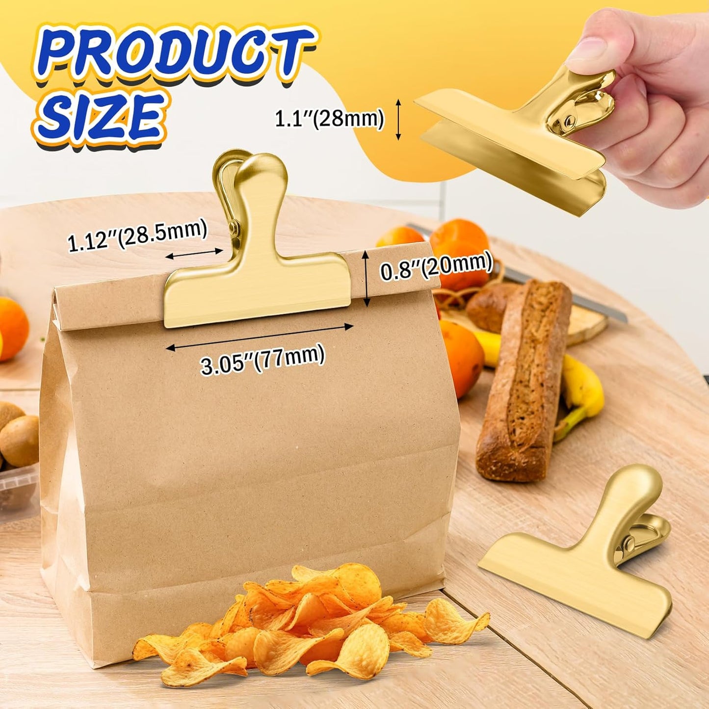 VNDUEEY 12 Pack Chip Clips, Stainless Steel Bag Clips for Food - Keep Snacks Fresh, Strong Grip Chip Clip Bag Clip, Perfect for Kitchen and Office Supplies -3 Inches, Gold