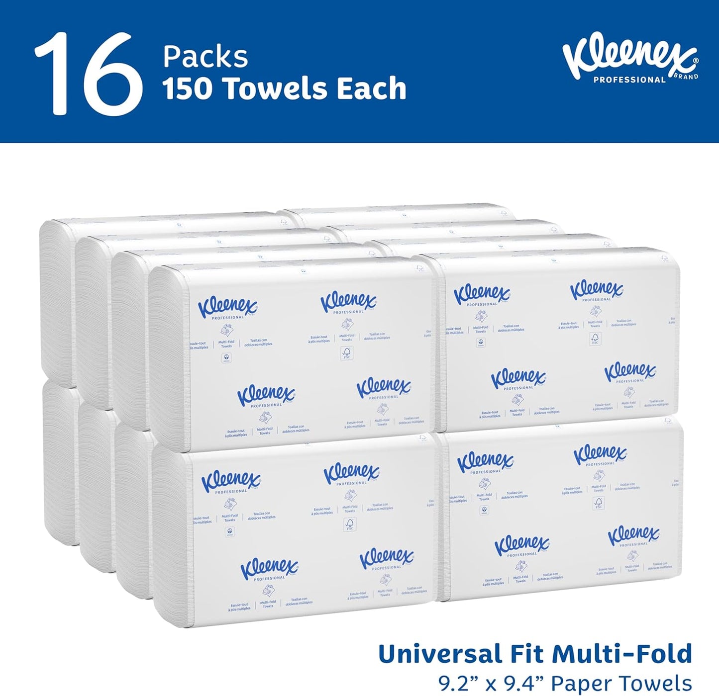 Kleenex Professional Universal Multifold Paper Towels, Bulk (01890), Absorbency Pockets, 9.2" x 9.4" Towel, White (150 Sheets/Pack, 16 Packs/Case, 2,400 Sheet Total)