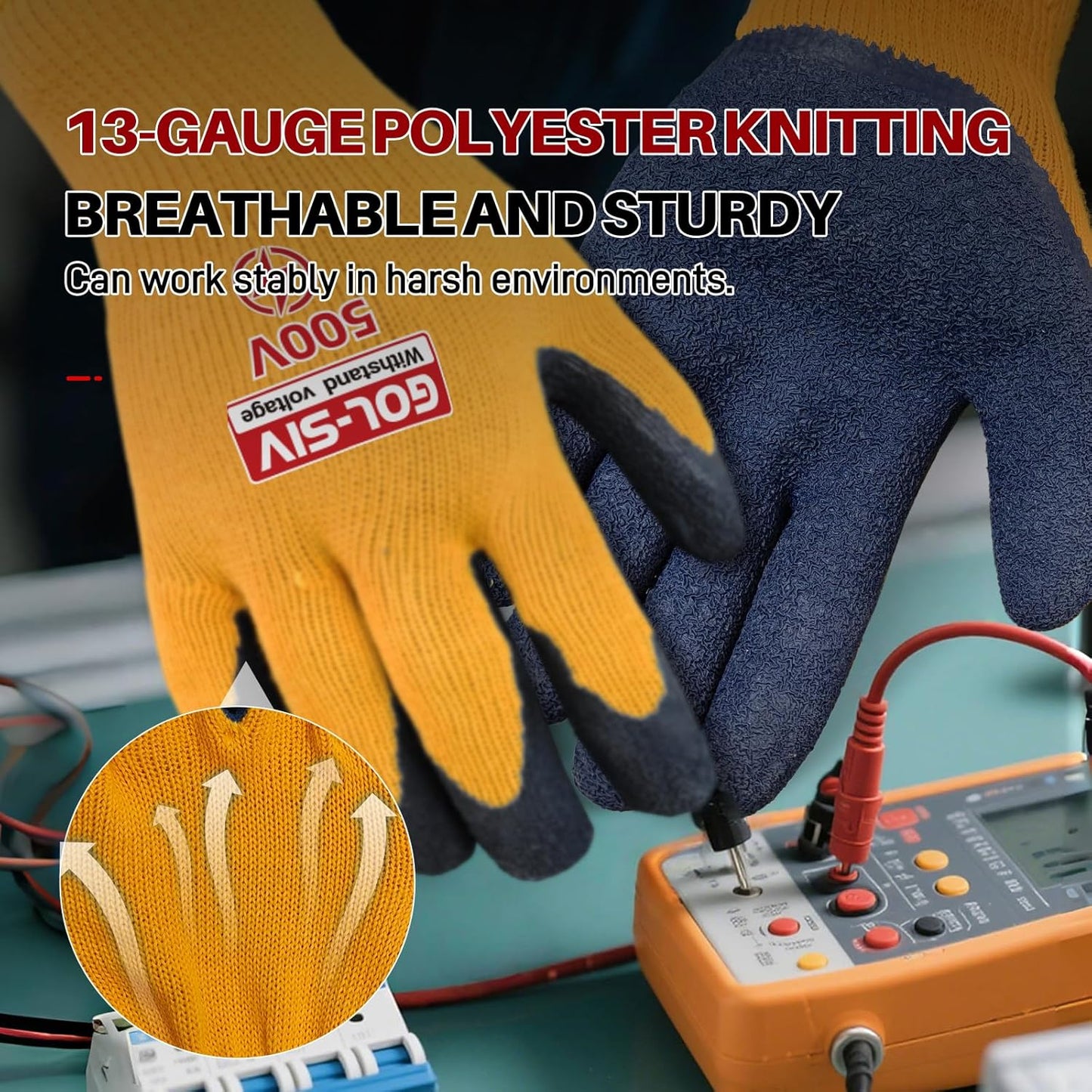 Electrical Insulated Gloves, 500V High Voltage Resistance Electrician Safety Gloves, Rubber Non Slip Work Gloves (500V|Poly-Cotton insulated, Large)
