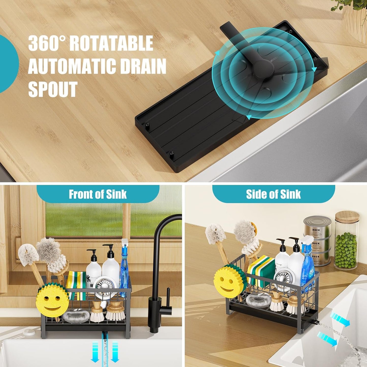 Sponge Holder for Kitchen Sink with Flexible Sink Caddy Smiley Face,2 Tier Kitchen Sponge Holder Countertop and Storage Essentials,Soap Dispenser Organize,Home Decor Accessories-Gray