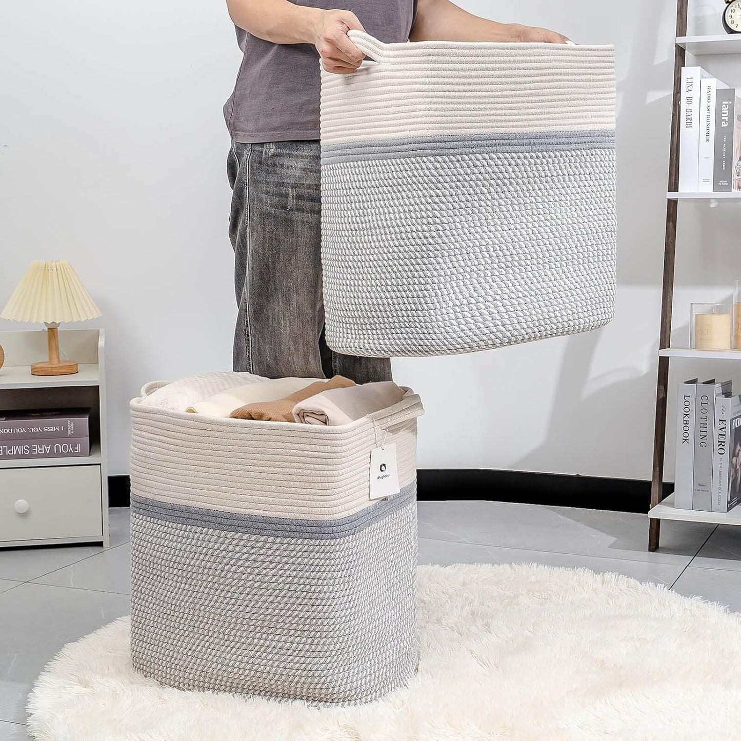 Storage Baskets for Clothes Fabric Cotton Rope Storage Basket with Handles, Decorative Woven Basket for Living Room,Closet Organizer Blankets, and 2bags (White/Gray, L14×W11×H14)