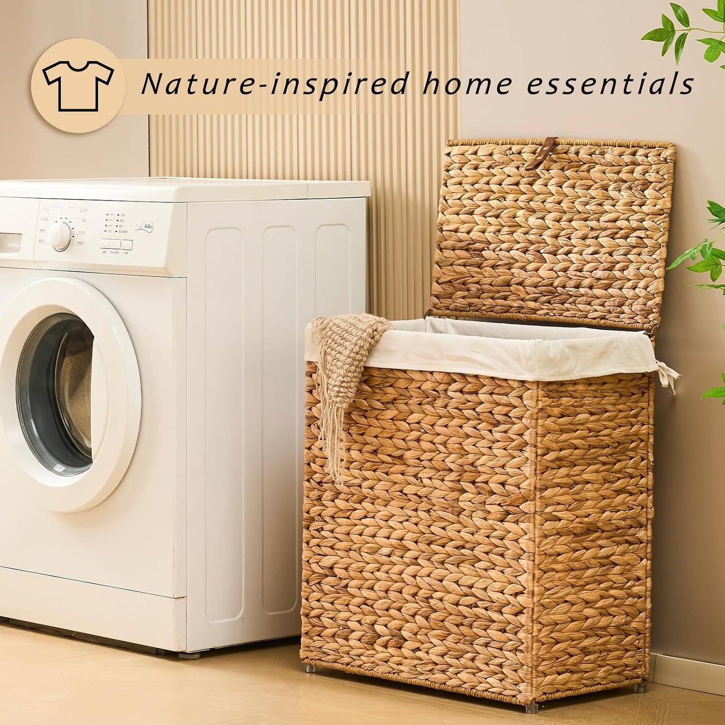 Handwoven Laundry Basket with Lid, Natural Water Hyacinth Storage Basket with Handle, Removable Cotton Liner, Durable and Stylish for Bedroom, Bathroom, Laundry Room