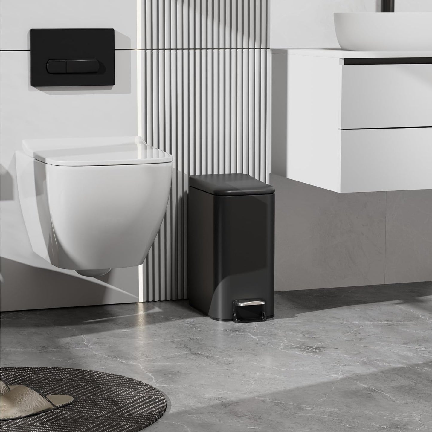 Small Trash Can with Lid Soft-Close, 6 L/1.6 Gal Bathroom Garbage Can with Removable Inner Bucket, Step Pedal, Stainless Steel Wastebasket for Kitchen, Bathroom, Bedroom, Office, Matt Black