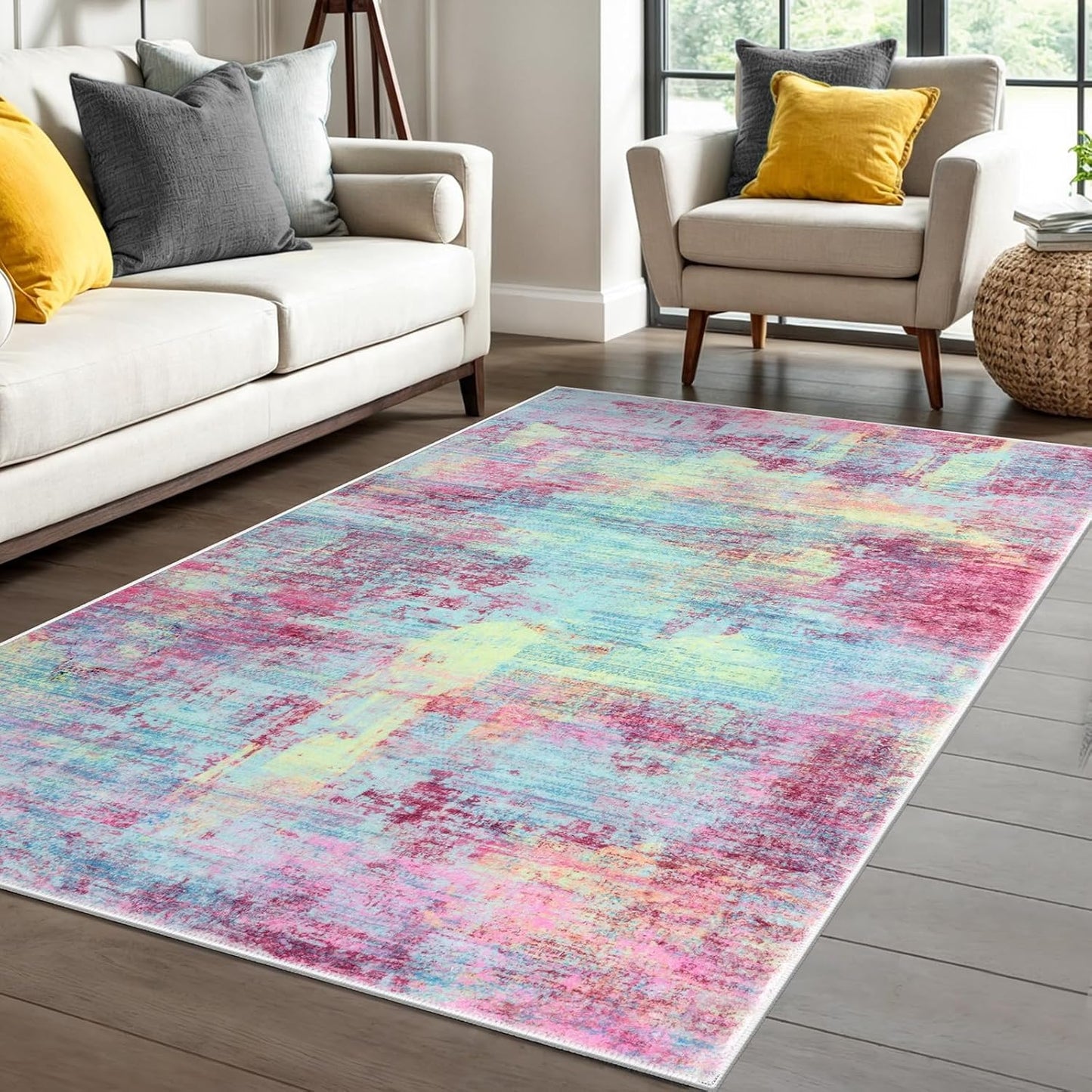 IOHOUZE Abstract Area Rug 4x6 Ft Washable Rugs for Entryway Indoor, Non Slip Small Living Room Rugs Printed Faux Wool Throw Rug, Floor Carpet for Kitchen Nursery Playroom, Pink Teal