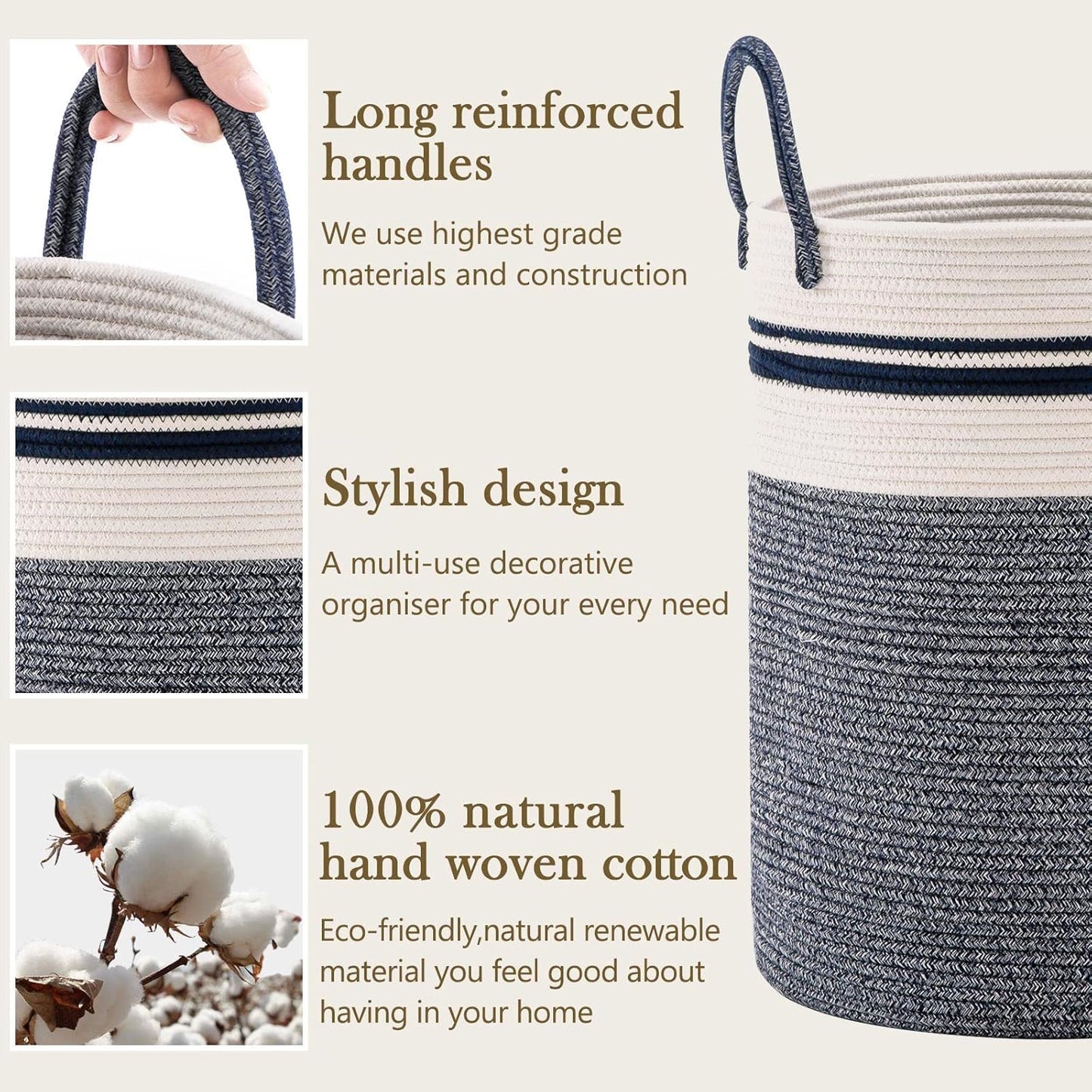 Woven Rope Laundry Hamper Basket by YOUDENOVA, 58L Tall Luandry Basket, Baby Nursery Hamper for Blanket Storage in Bedroom-Large-Blue