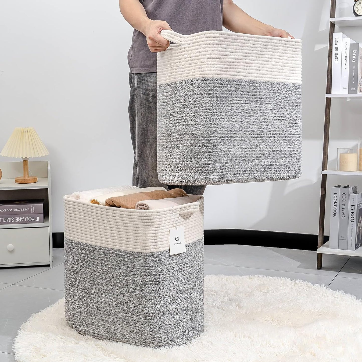 Storage Baskets for Clothes Fabric Cotton Rope Storage Basket with Handles, Decorative Woven Basket for Living Room,Closet Organizer Blankets, and 2bags (Silver Gray, L17.8×W12.5×H17.9)