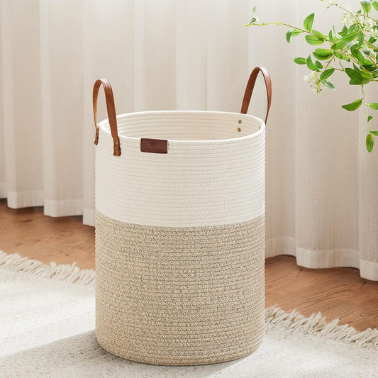 VIPOSCO Small Laundry Basket, Slim Baby Hamper with Leather Handle, Cute Woven Rope Storage Basket for Blanket, Kids Toy, Clothes In Living Room, Bathroom, Bedroom, Nursery Room - 30L White & Brown