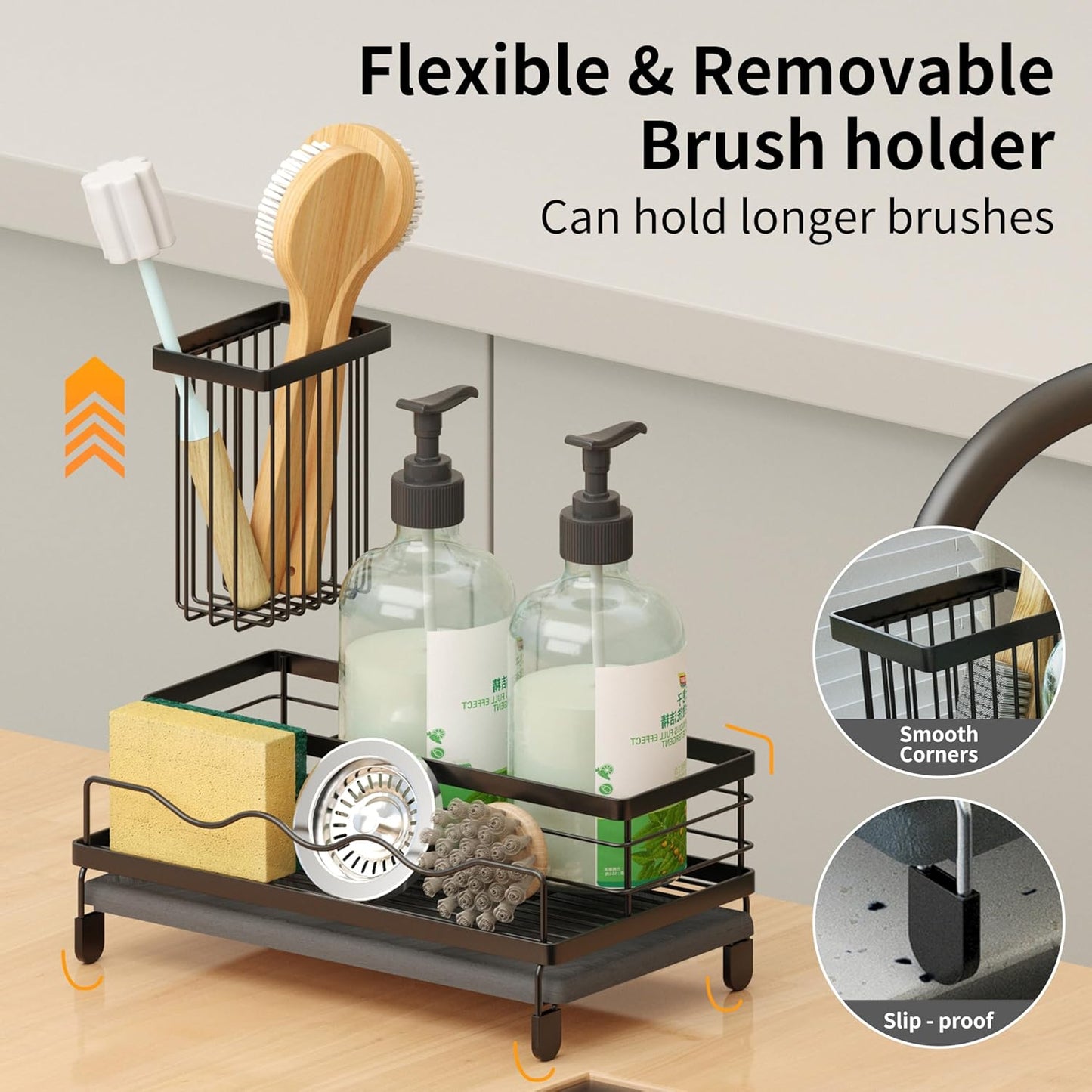 Sink Caddy, Kitchen Sink Organizer with Sponge Holder and Stone Drying Mat, Quick Drying, Stainless Steel Kitchen Caddy Organizer for Sponges, Brushes & Soap