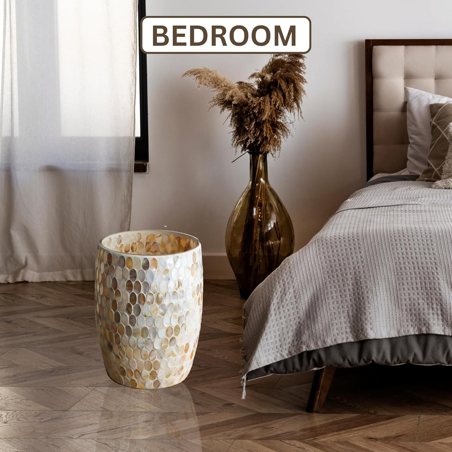 Escenzy Natural Shell Bathroom Trash Can Mosaic Glass 5L | Decorative Small Garbage Can | 7" x 10" | Luxury Waste Basket for Restroom, Office, Bedroom & Kitchen | Shiny Glass Bathroom Accessories