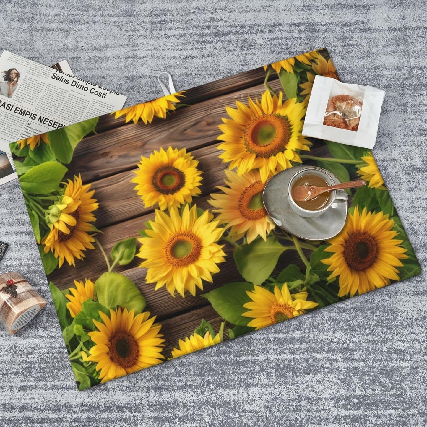 Sunflower Dish Drying Mat for Kitchen Counter Protector and Decoration Super Absorbent Double Sided Microfiber Coffee Bar Mat Dish Drainer Mat Fast Dry Pad Reusable Extra Large 18"x24" inches
