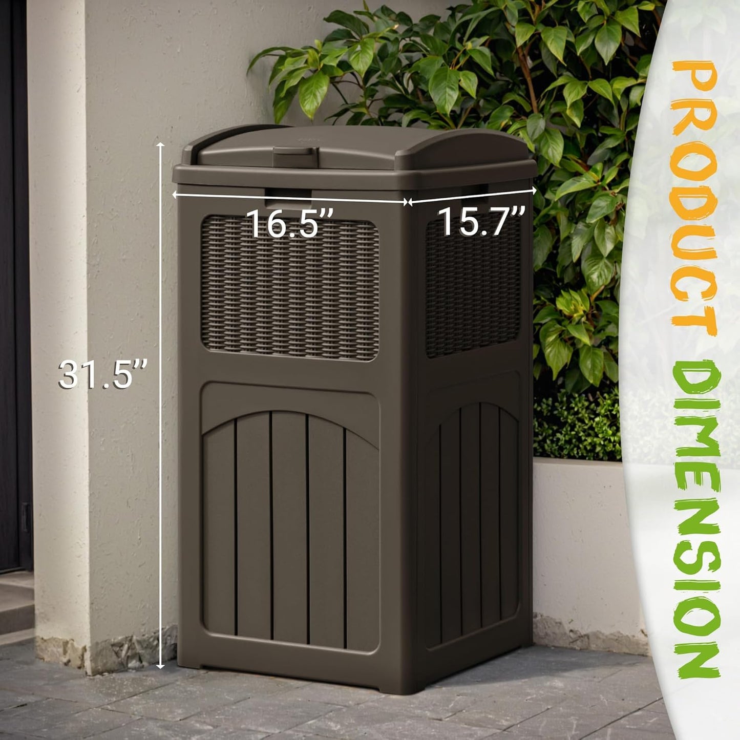 YESHOMY 33 Gallon Resin Outdoor Trash Can with Lid, Hideaway Waterproof Patio Garbage Bin, Brown