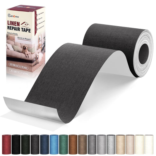 Linen Repair Tape 4x79 inch, Self Adhesive Fabric Patches, Linen Patch Tape Kit, Fabric Repair Tape for Couch Sofas, Headboards, Chairs, Pillows, Curtains, Couches - Black Grey