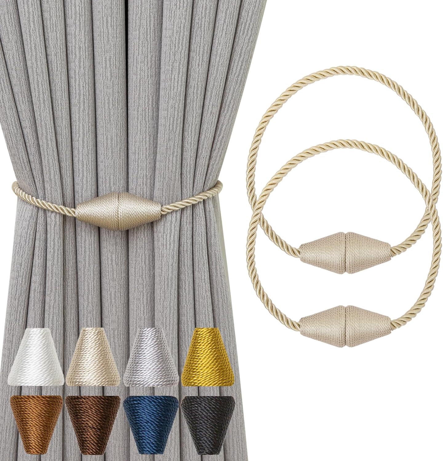 Magnetic Curtain Tiebacks 2 Pack Outdoor Rope Curtain Tie Backs Decorative Window Treatment Holdbacks for Home Decorative Curtain, Beige