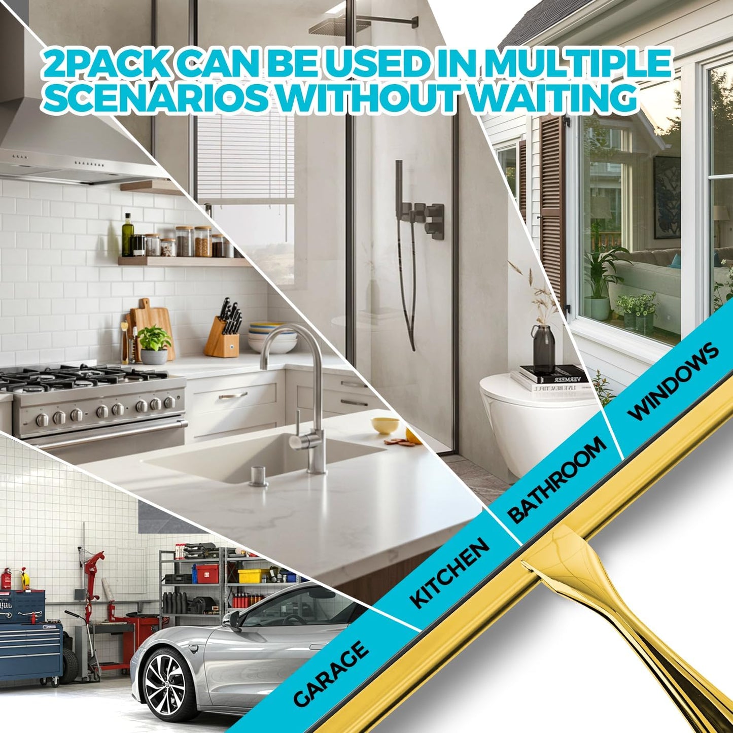 2PACK 10-Inch Golden All-Purpose Shower Squeegee for Shower Doors, Bath Linen Sets, Tile Shower Walls, Bathroom, Window, Glass and Car Windshield, Mirrors and Kitchen-Stainless Steel