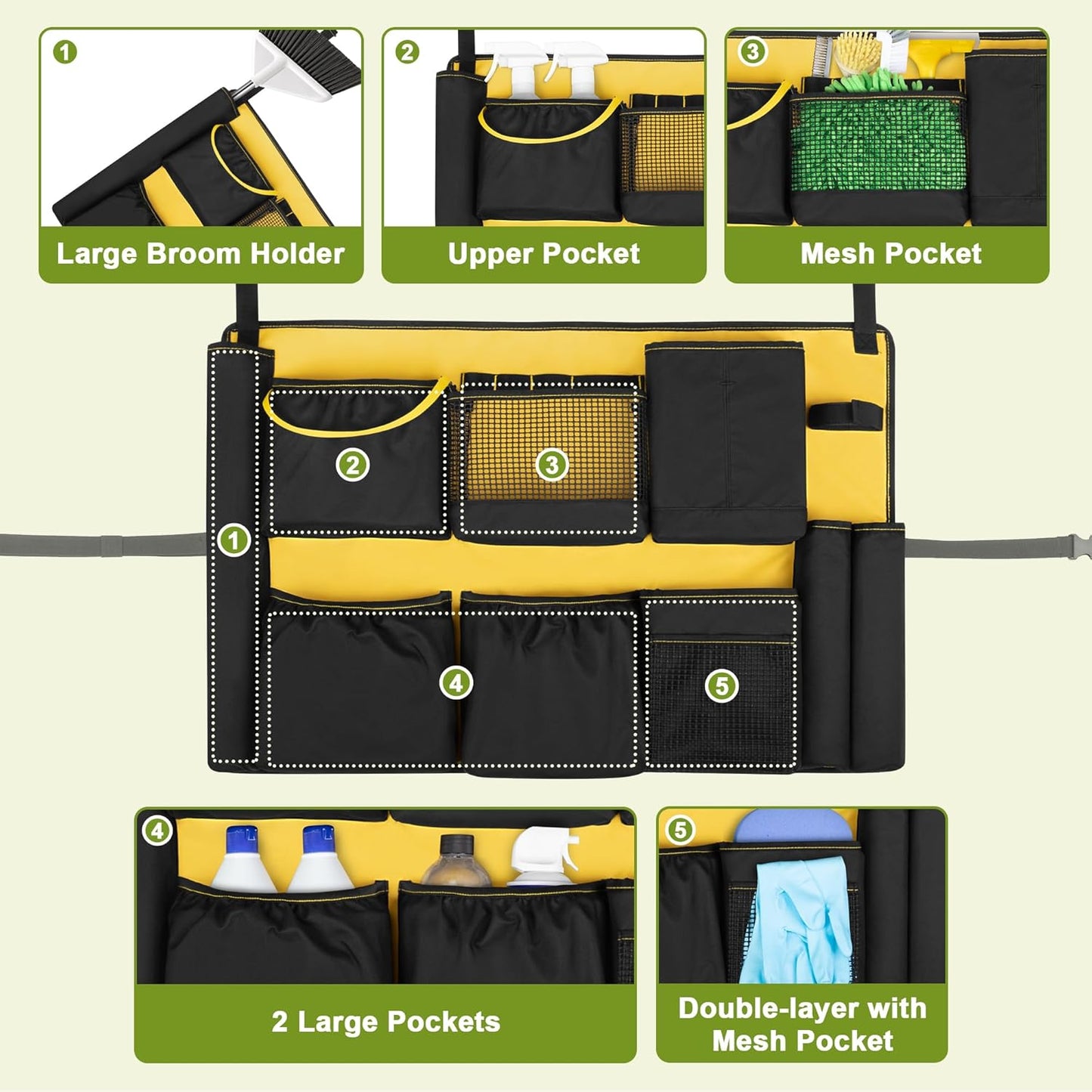 32-55 Gallon Trash Can Caddy Bag, Garbage Bin Apron Caddy with Multiple Pockets for Cleaning Supplies, Cleaning Tool Organizer with Adjustable Buckle for Janitorial Trash Can, Black+Yellow