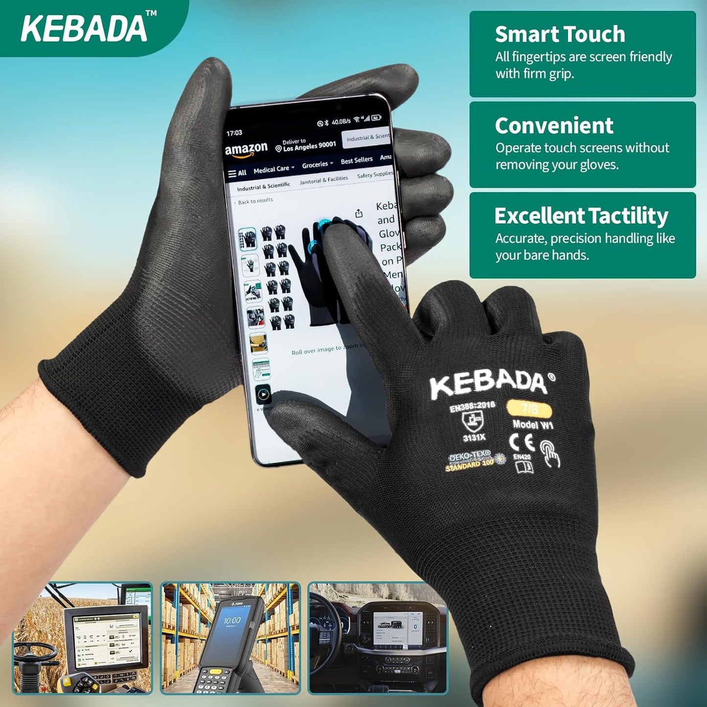 Kebada W1 Safety Work Gloves, PU Coated Touch Screen Work Gloves with Grip, Bulk Pack Working Gloves for Warehouse, Construction, Gardening and Mechanic Use, Black, 50 Pairs, X-Small