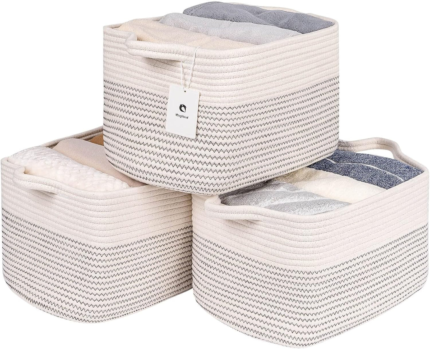 Medium and Large Woven Basket//With Handle, Used for Toys and Fabric Storage Basket used for Storing xl Storage Box, Decorative Storage Box Room 2pack (14L*10W*8.6H White/Black Line, 14Lx10Wx8.6H)