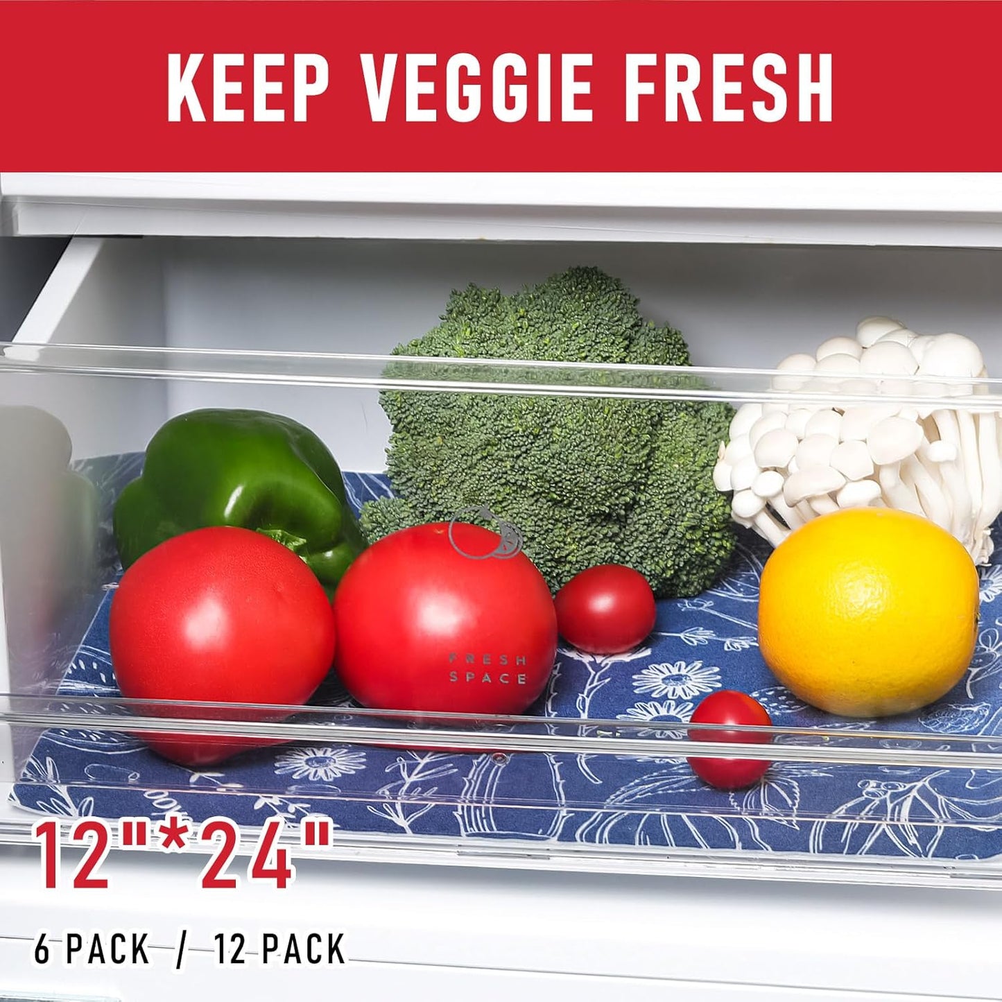 Cooyes Fridge Bin Liners, 12 Pack Refrigerator Liners with Non-Slip Particles, Drawer Mats for Kitchen Cabinets, Breathable Cloth Material, Washable, Keep Produce Fresh Longer