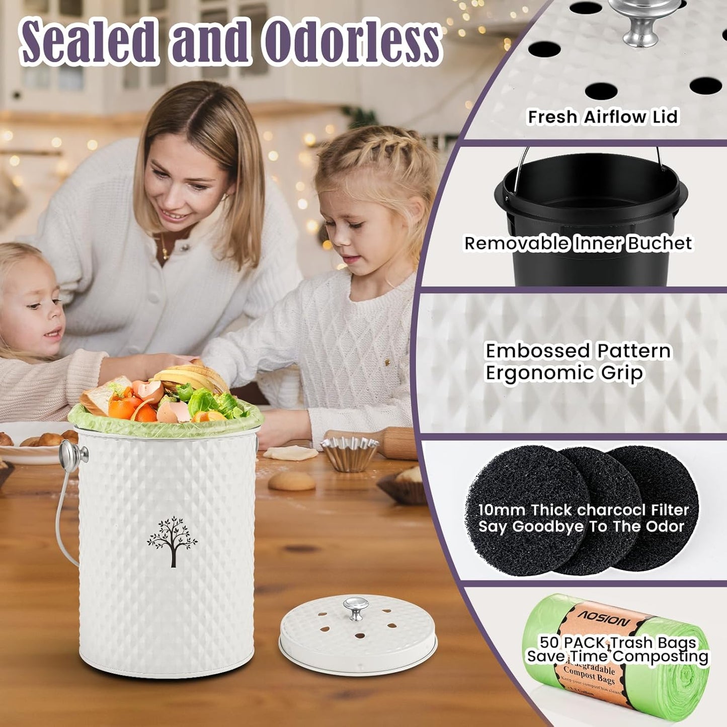 AOSION Countertop Compost Bin Kitchen,Odorless Indoor Compost Bin with Lid and Compost Bags,Compost Bucket Composter Container for Food Waste,Creamy White