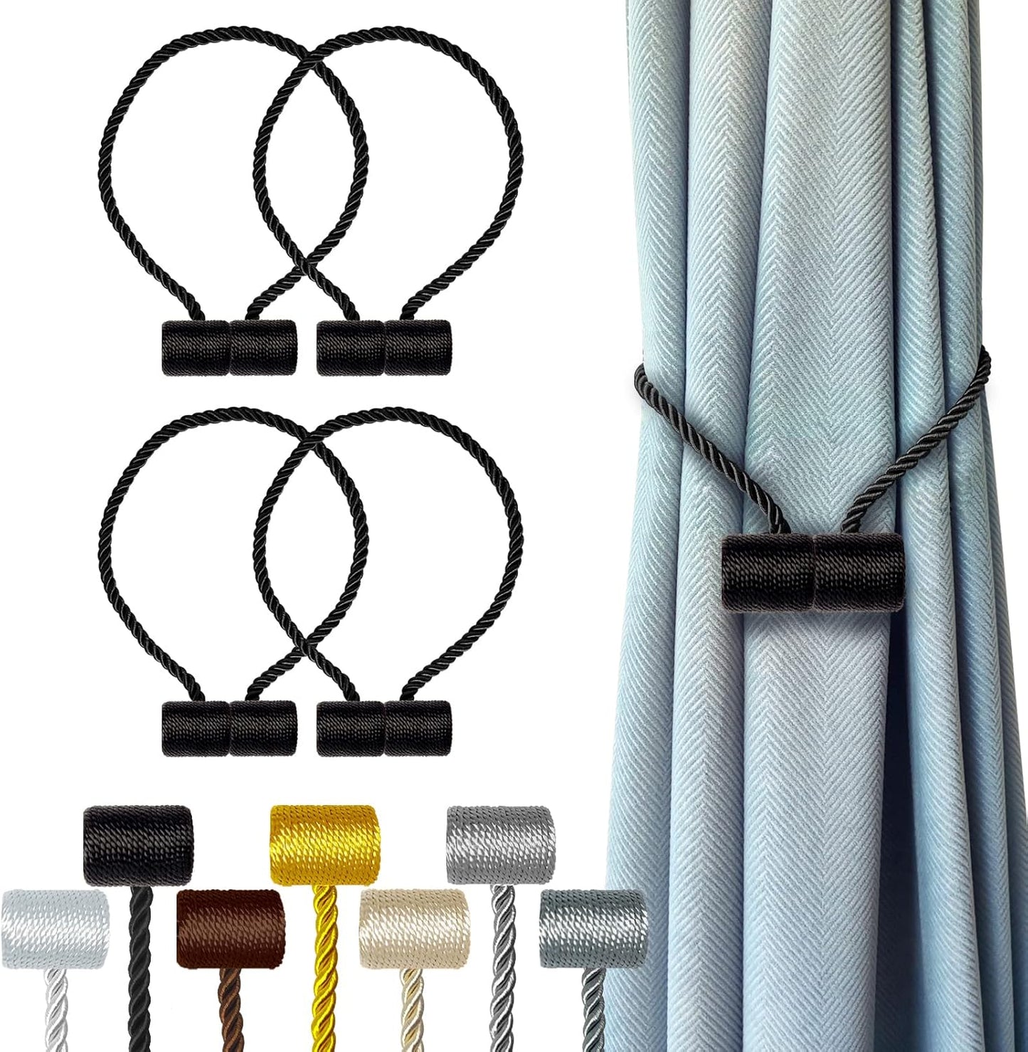 Hion Magnetic Curtain Tiebacks Black 4 Pack, Curtain Tiebacks Buckles Holdbacks Holders Hooks Clip for Home Bedroom Office Decorative Thick or Thin Curtain