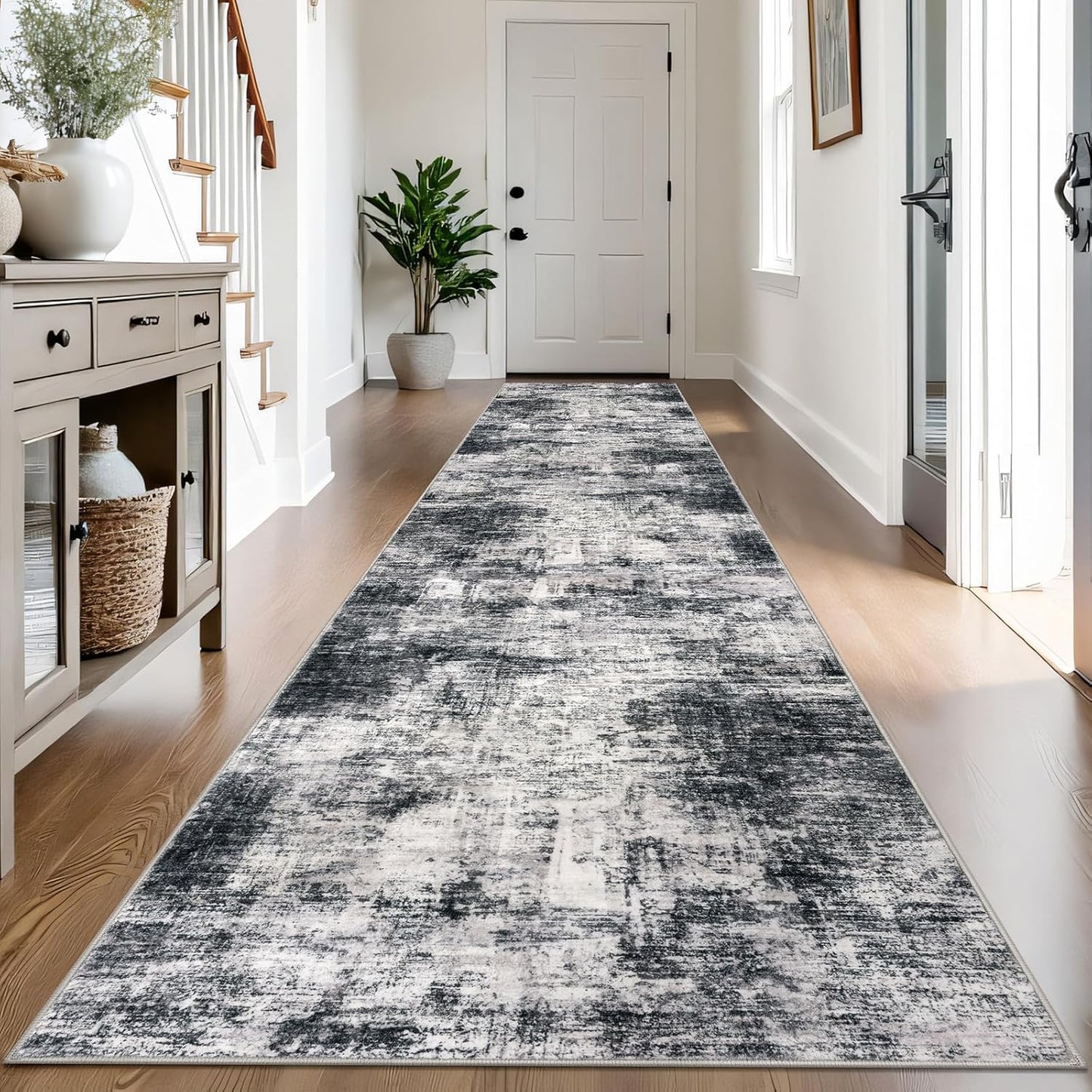 IOHOUZE Abstract Runner Rug 3x14 Ft Washable Runners for Hallways, Non Slip Kitchen Runner Printed Faux Wool Entryway Runner Indoor, Modern Abstract Floor Carpet for Hall Stair, Black Grey