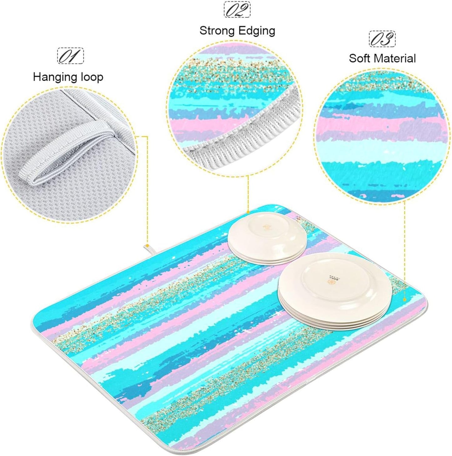 Turquoise Stripe Dish Drying Mat for Kitchen Countertop 16x18 Rectangle Teal Aqua Small Drying Mat Reusable Quick Dry Dish Sink Absorbent Mats Dishwasher Easy Clean Decorative Home Decor Essentials