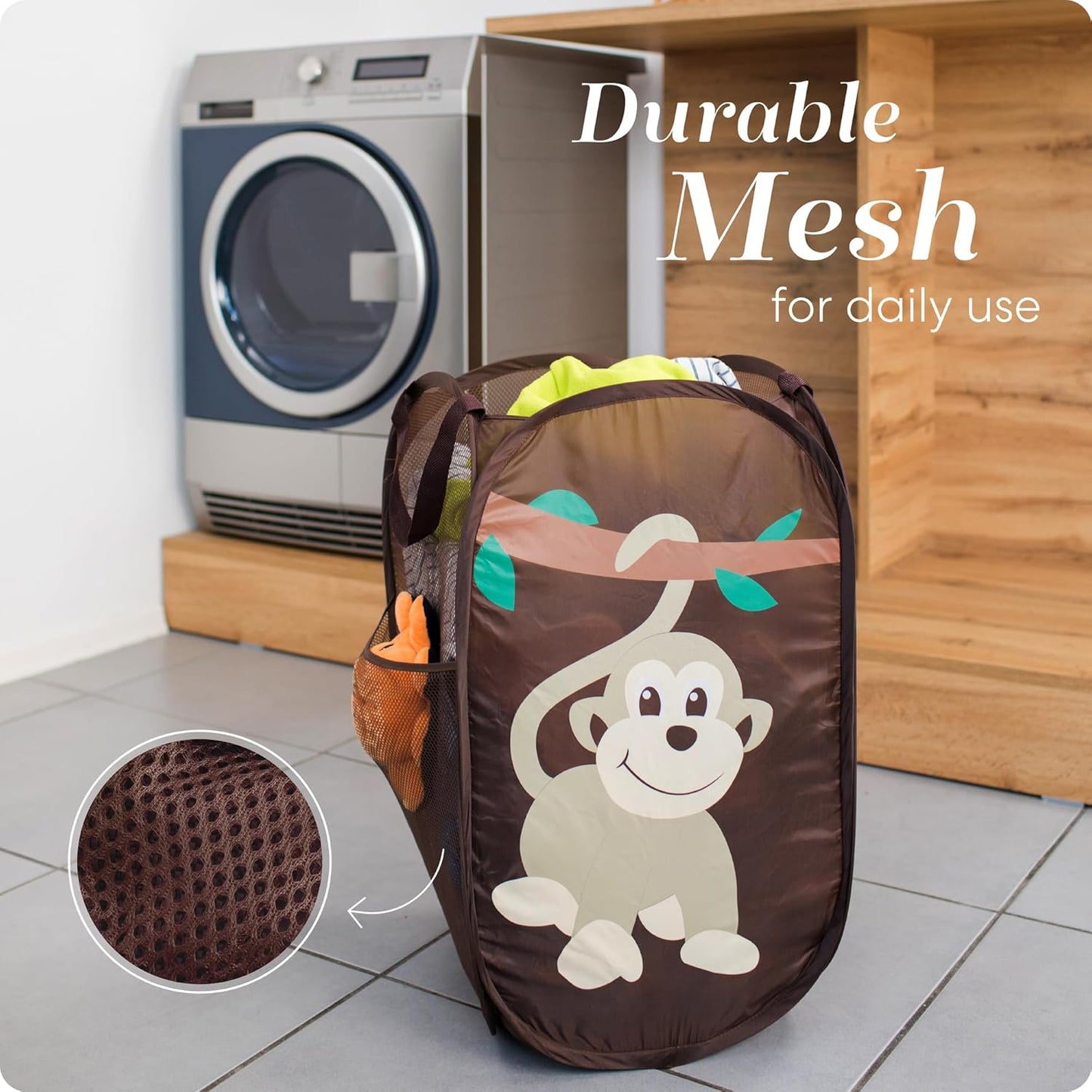 Handy Laundry Collapsible Mesh Pop Up Hamper with Wide Opening and Side Pocket - Breathable, Sturdy, Foldable, and Space-Saving Design for Clothes and Storage (Monkey)