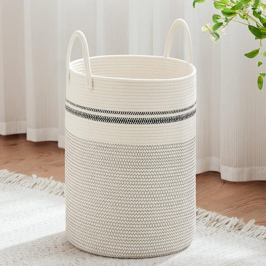 VIPOSCO Large Laundry Hamper, Tall Woven Rope Storage Basket for Blanket, Toys, Dirty Clothes in Living Room, Bathroom, Bedroom - 72L Stripe White