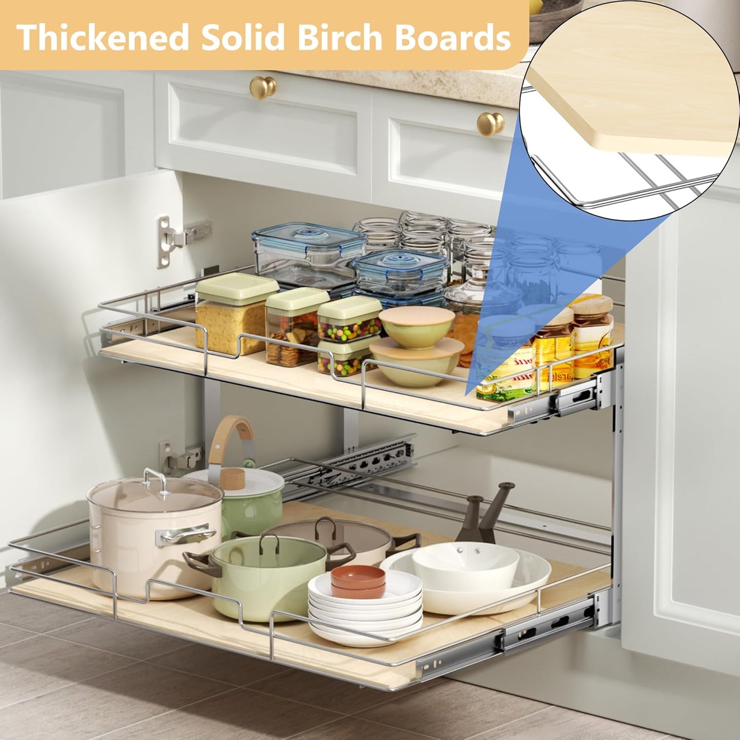 ROOMTEC 2 Tier Individual Pull Out Cabinet Organizer 22½"W x 21½"D, Slide Out Wood Shelves Organizers, Pull Out Drawers Organization and Storage for Kitchen Cabinet