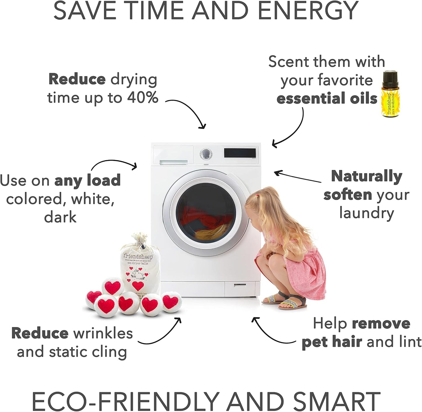 Friendsheep Wool Dryer Balls Red Heart 6 Pack XL Organic Premium Reusable Cruelty Free Handmade Fair Trade No Lint Fabric Softener - One Love