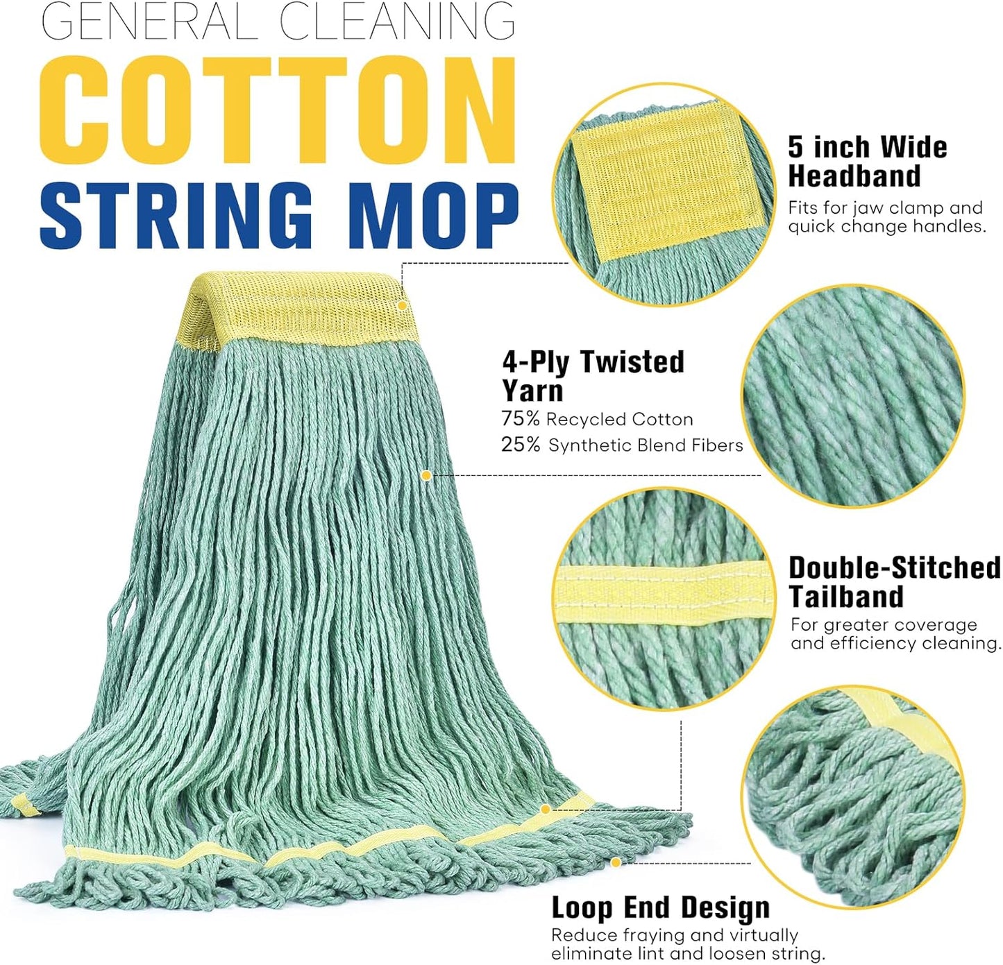 Matthew Cleaning Commercial Mop Head Replacement, 5 Inch Wide Headband, Looped End Cotton Blend String Wet Mops for Floor Cleaning, 18 oz Medium, 3-Pack Green