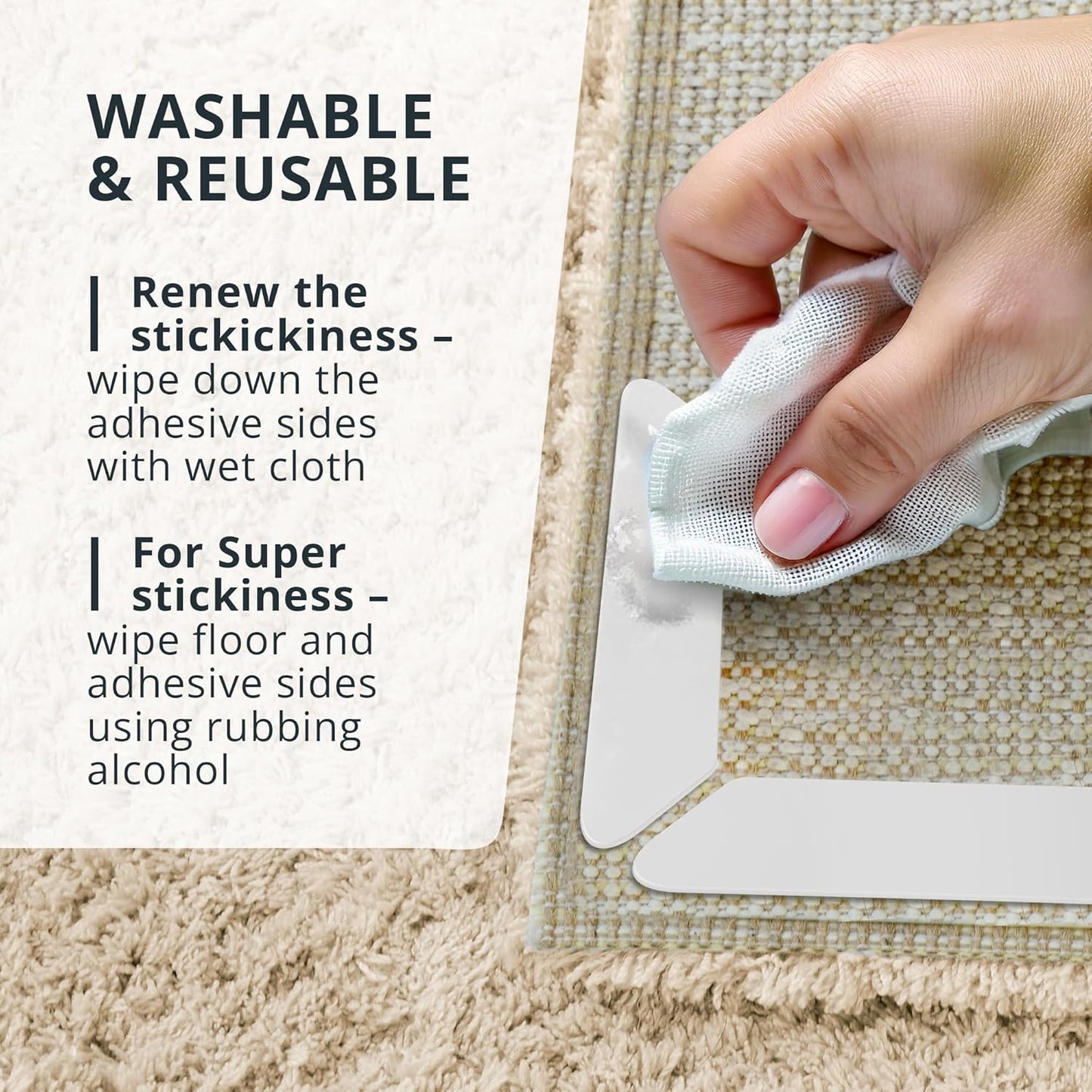 X-Protector Rug Tape - 8 Pcs Set - White Anti-Slip & Anti-Curling Carpet Tape for Hard Floors - Premium Rug Pad Gripper - Ideal Carpet Corner Grippers to Keep Your Carpet in Place & Make Corners Flat